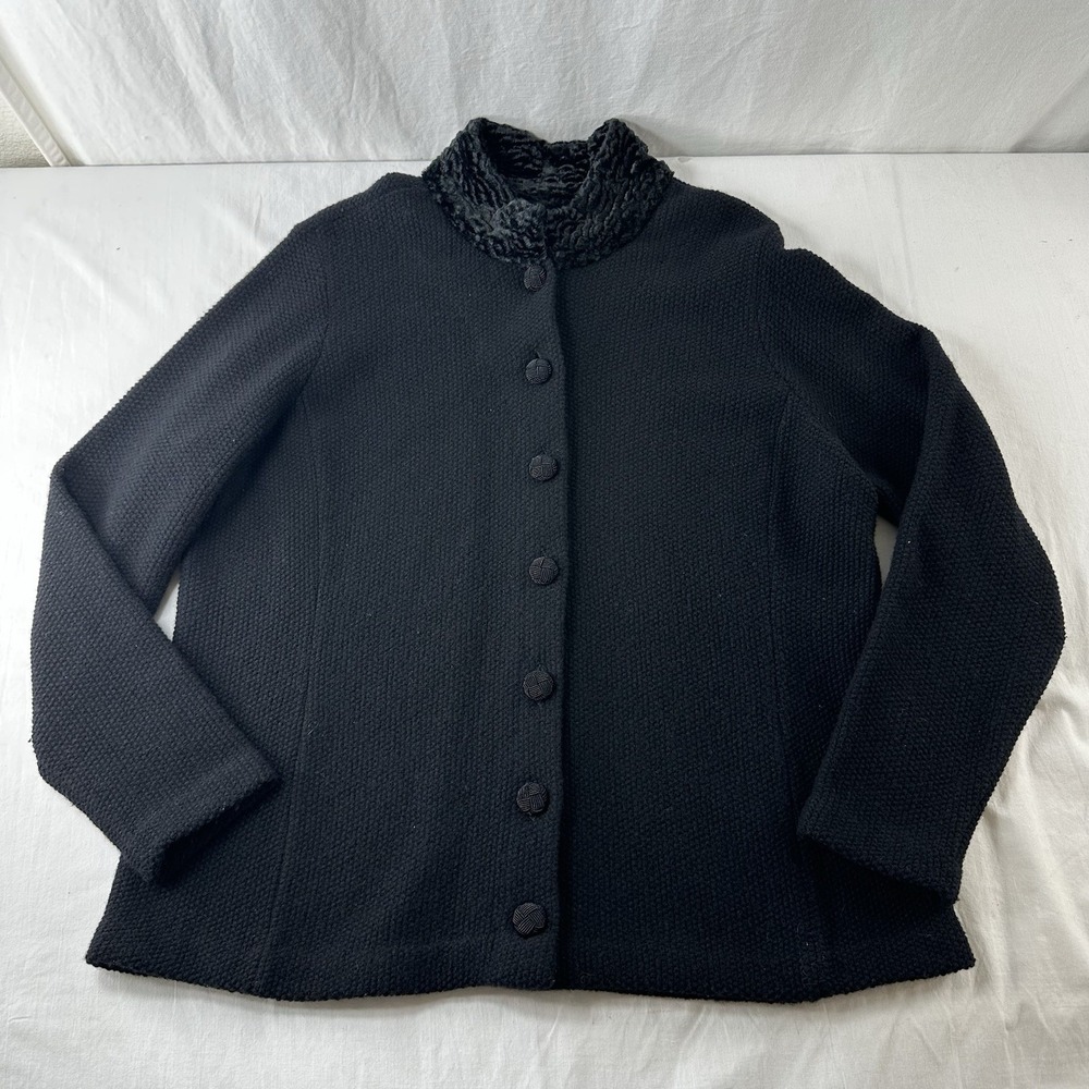 Ralph‎ Lauren Black Lambswool Sweater Womens Size 1X Faux Fur Collar Cardigan